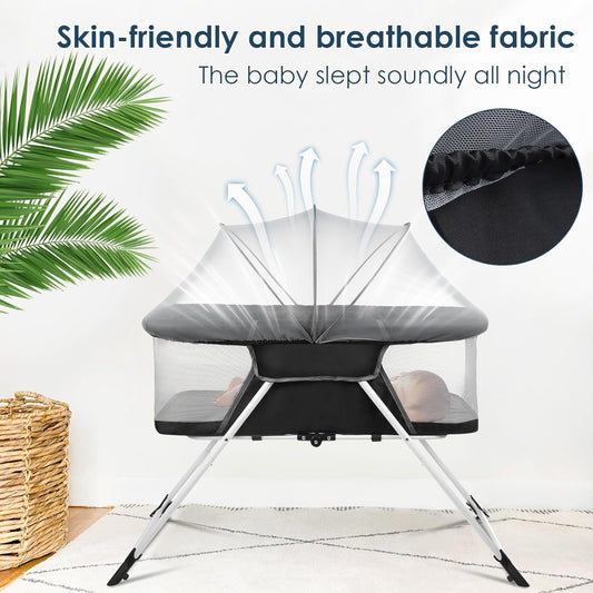 Portable Baby Bassinet - Foldable Bedside Bassinet, Lightweight Playpen with Mosquito Net, 42.5 x 40.2 x 20.8 inches, Black