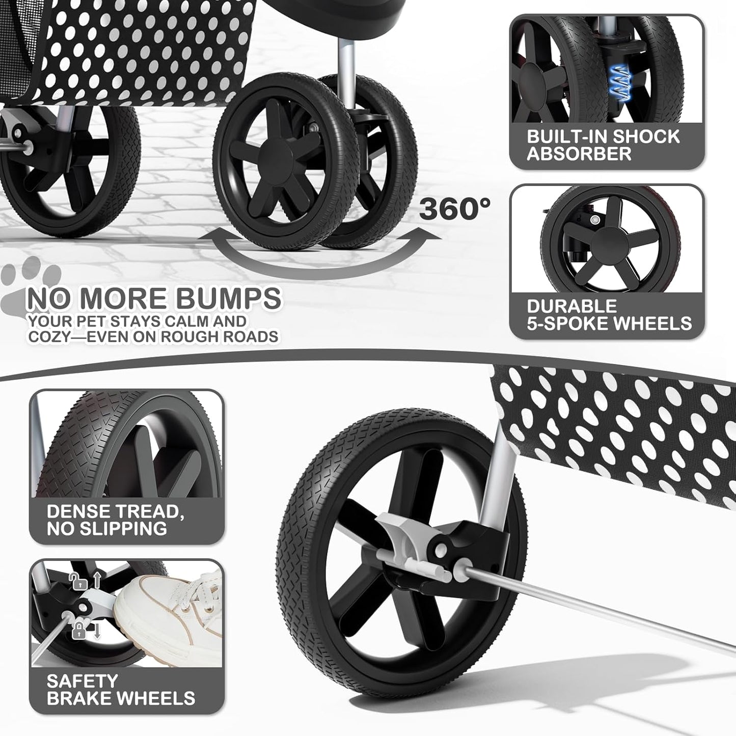MoNiBloom Foldable Pet Stroller with Weather Cover, 3 Wheels Pet Strolling Cart for Small/Medium Dogs and Cats with Storage Basket and Cup Holder, Breathable and Visible Mesh for All-Season, Black