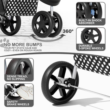 MoNiBloom Foldable Pet Stroller with Weather Cover, 3 Wheels Pet Strolling Cart for Small/Medium Dogs and Cats with Storage Basket and Cup Holder, Breathable and Visible Mesh for All-Season, Black
