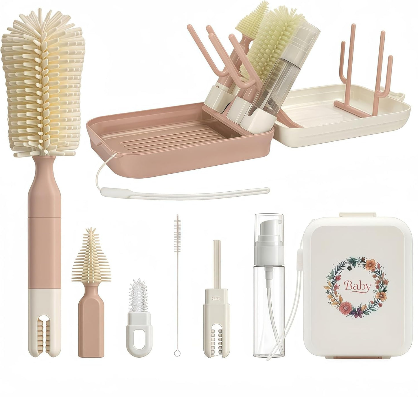 8-in-1 Baby Bottle Brush Set with Drying Rack, Portable Travel Bottle Cleaning Kit, Silicone Cleaner for Newborn Essentials, Nipple & Straw Brush, Soap Dispenser(Pink)