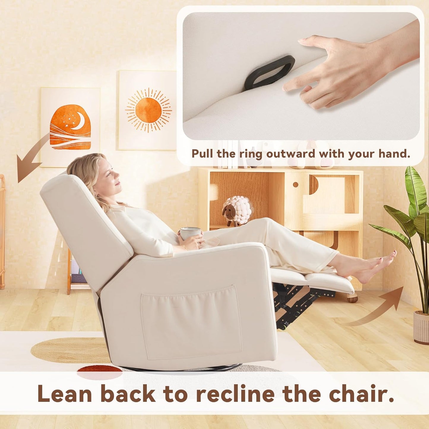 Tbfit Nursery Rocking Chair,360°Swivel Recliner Chair with Lumbar Support for Bedroom, Comfy Upholstered Armchair with Pillows & Footrest for Living Room & Baby Room