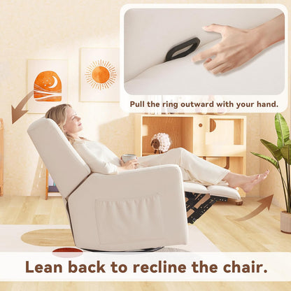 Tbfit Nursery Rocking Chair,360°Swivel Recliner Chair with Lumbar Support for Bedroom, Comfy Upholstered Armchair with Pillows & Footrest for Living Room & Baby Room