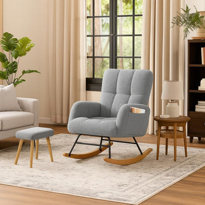 COMHOMA Nursery Rocking Chair with Ottoman,Teddy Glider Rocking Chair,Accent Chair with High Backrest Reading Chair for Adult,Nursery,Bedroom,Living Room,Offices(Beige with Ottoman)