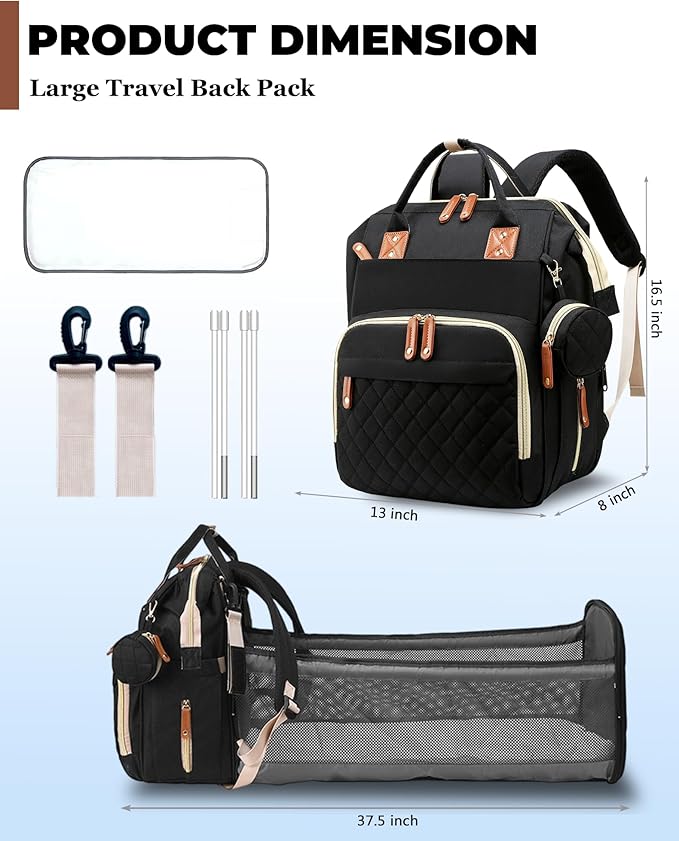 Diaper Bag with Changing Station, Waterproof 3 in 1 Baby Diaper Backpack with Foldable Changing Pad, Large Travel Back Pack for Baby Girl Boy, Baby essentials, Black