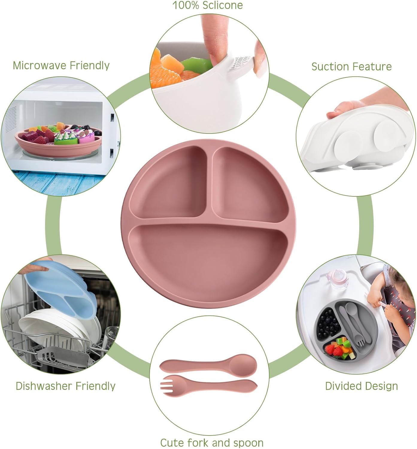 Dandat 24 Pcs Silicone Baby Feeding Set,6 Baby Toddler Suction Bowls 6 Divided Suction Plates with 6 Forks 6 Spoons, Utensils Set for Weaning Infant Feeding and Eating, 6 Styles (Elegant Color)