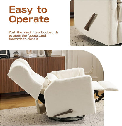 Power Recliner Chair Swivel Glider with Adjustable Headrest，Oversized Swivel Rocker Recliner with Lumbar Support, Upholstered Nursery Glider Recliner for Living Room,White
