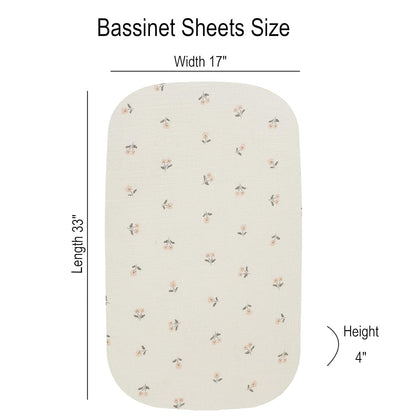 Onacosht Muslin Bassinet Sheets 3 Pack, 100% Cotton Baby Fitted Sheet 33" x 19" Compatible with Mika Micky, KoolaBaby (3 in 1), BabyBond, HARPPA and RICUTON Bedside Bassinet, Green, Floral and Cactus