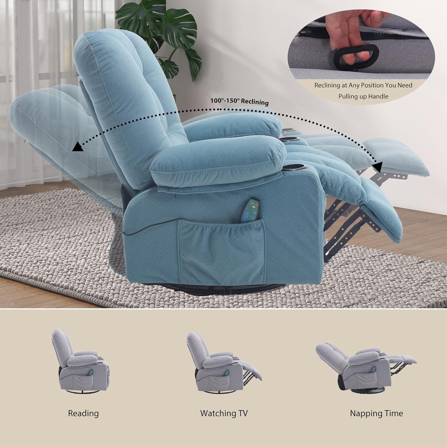 Rocker Recliner Chair with Massage and Heat, Oversized Rocking Nursery Recliners Overstuffed Swivel Glider with Cup Holder, Fabric Manual Single Sofa for Living Room, Beige