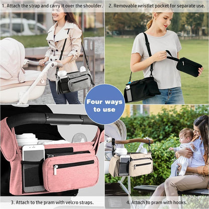 Baby Stroller Organizer, Universal Stroller Organizer with Detachable Phone Bag, Stroller Caddy with 2 Insulated Cup Holders, Buggy Organizer Bag with 2 Hooks Fits Most Strollers (Balck)