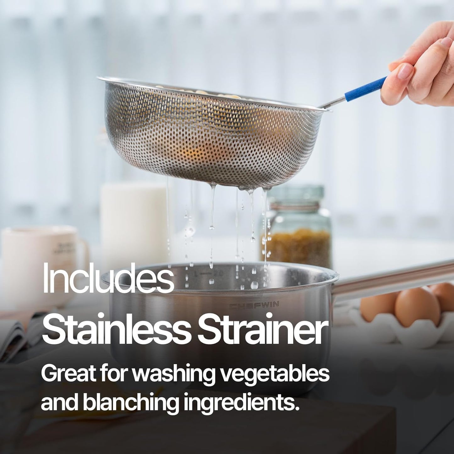 316 Stainless Steel 2.3 Quart Sauce Pan Baby Food Maker with Steamer Basket, Strainer & Lid, 3-in-1 Multi-Function Pot, 5-Ply Induction Cookware, Dishwasher & Oven Safe