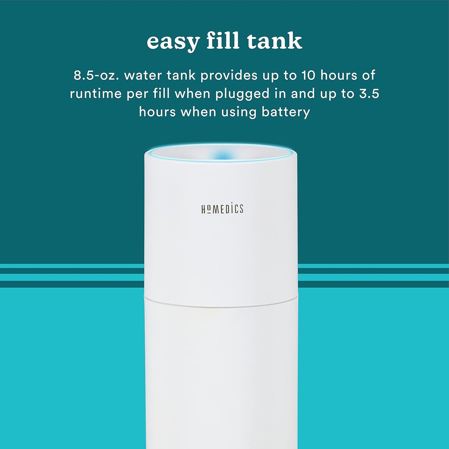 Homedics Portable Humidifier - Small Air Humidifiers for Bedroom, Plants, Office, Travel - Cool Mist Humidifiers, Color-Changing Accent Light, 2 Mist Settings, Matte White