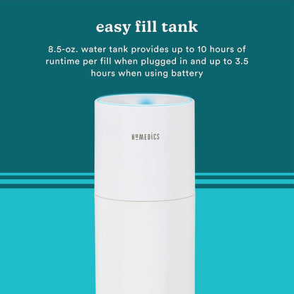 Homedics Portable Humidifier - Small Air Humidifiers for Bedroom, Plants, Office, Travel - Cool Mist Humidifiers, Color-Changing Accent Light, 2 Mist Settings, Matte White