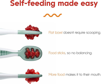 NumNum Baby Spoons Set, Baby Essentials Pre-Spoon GOOtensils for 6+ Months, First Stage Self-Feeding Spoons for Baby Led Weaning (BLW), Silicone Toddler Utensils, BPA-Free, 2 Pack Gray/Green