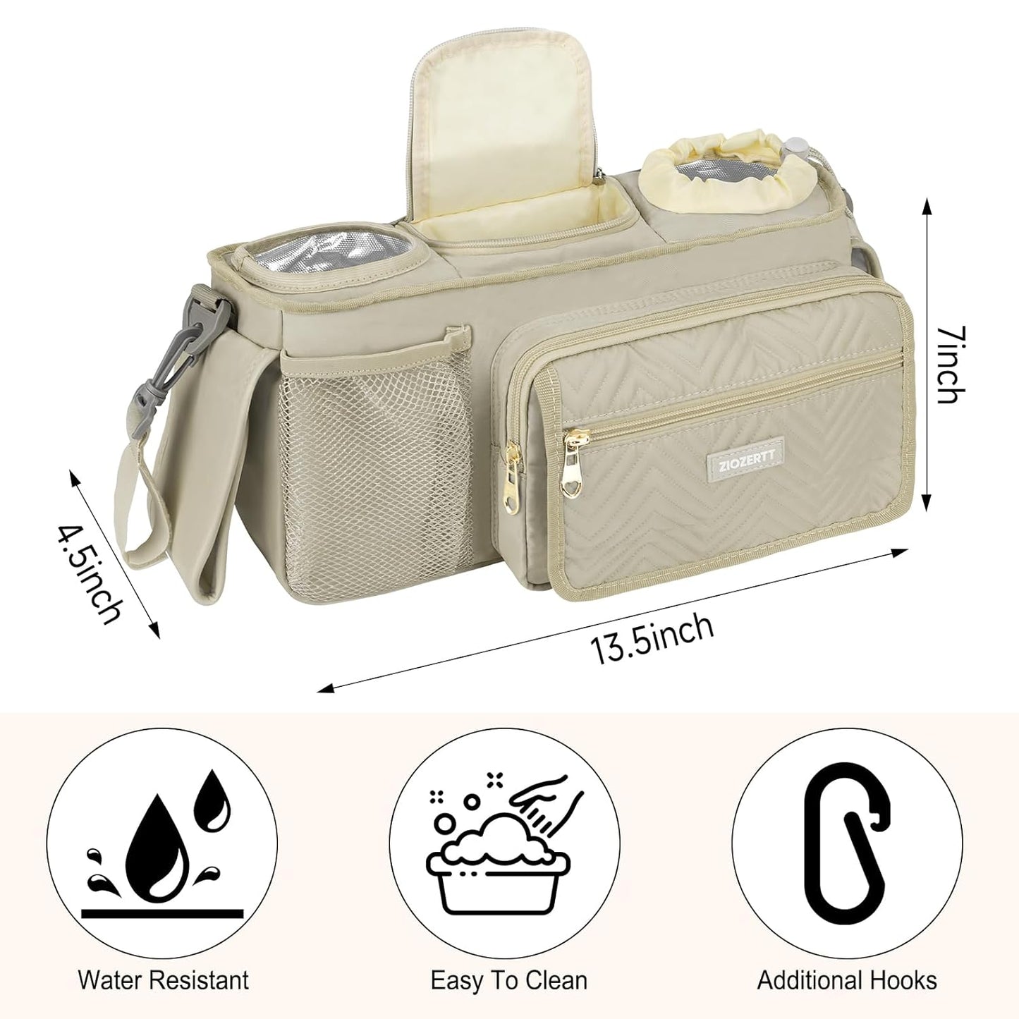 Universal Stroller Organizer with Insulated Cup Holders,Large Capacity Non-Slip Stroller Caddy Bag Fits for Uppababy/Doona/Jogger/Britax/Mompush/BoB with Anti-Sag Hard Bottom and Wet Wipes Pocket