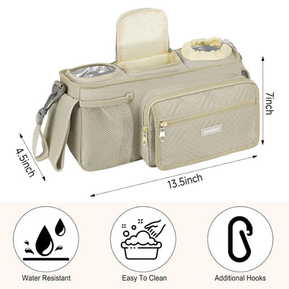 Universal Stroller Organizer with Insulated Cup Holders,Large Capacity Non-Slip Stroller Caddy Bag Fits for Uppababy/Doona/Jogger/Britax/Mompush/BoB with Anti-Sag Hard Bottom and Wet Wipes Pocket