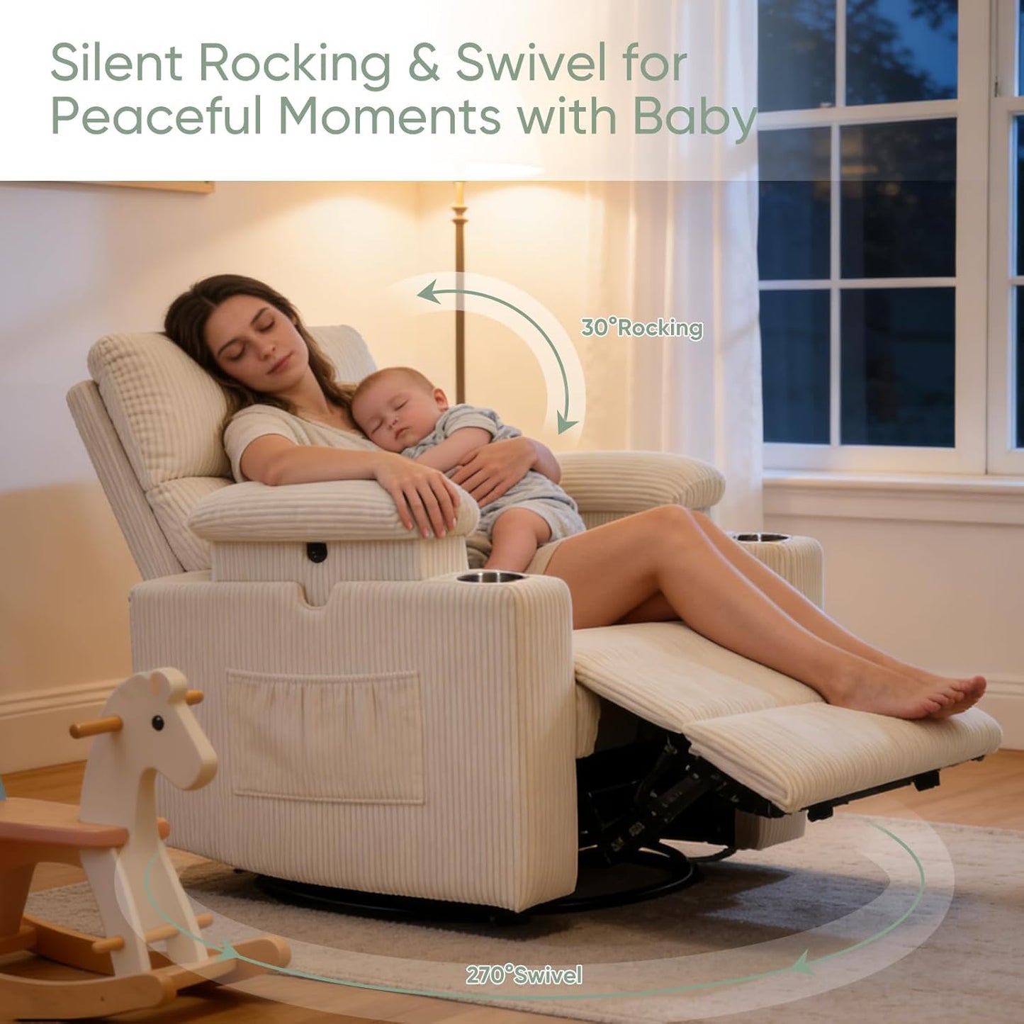 Rocking Chair Nursery with Adjustable Armrest for Breastfeeding, Glider Recliner Nursery Chair with Massage and Heat, Power Swivel Rocker Recliner with Adjustable Headrest, Corduroy, Beige
