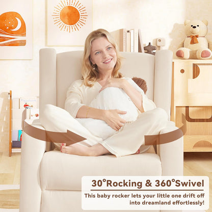Tbfit Nursery Rocking Chair,360°Swivel Recliner Chair with Lumbar Support for Bedroom, Comfy Upholstered Armchair with Pillows & Footrest for Living Room & Baby Room