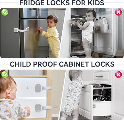4 Pack Child Safety Cabinet Locks for Baby Proofing, Length Adjustable Latch Straps Dual Button Design for Drawers Fridge Refrigerator Doors Toilet Seat Oven (Grey, 4Pack)