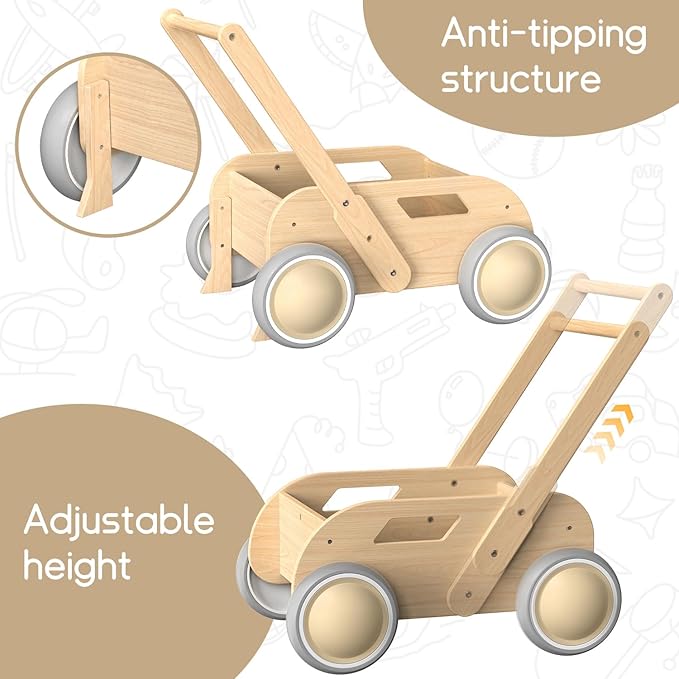 HOMEKOL Wooden Baby Walker, Baby Walker, Adjustable Speed for Boys and Girls, Baby Activity Center, Birthday, Christmas and New Year's Gift, Natural Wood Color