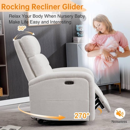Power Swivel Rocker Recliner Chair for Nursery, Swivel Reclining Rocking Chairs, Electric Glider for Living Room, Upholstered Recliner Chairs for Bedroom, Corduroy White
