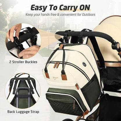 Diaper Bag Backpack - Extra Large Diaper Bag for 2 Kids Twin, Travel Baby Bags for Mom Dad 25-37L Expandable with Changing Pad Earphone Hole, Apricot Green