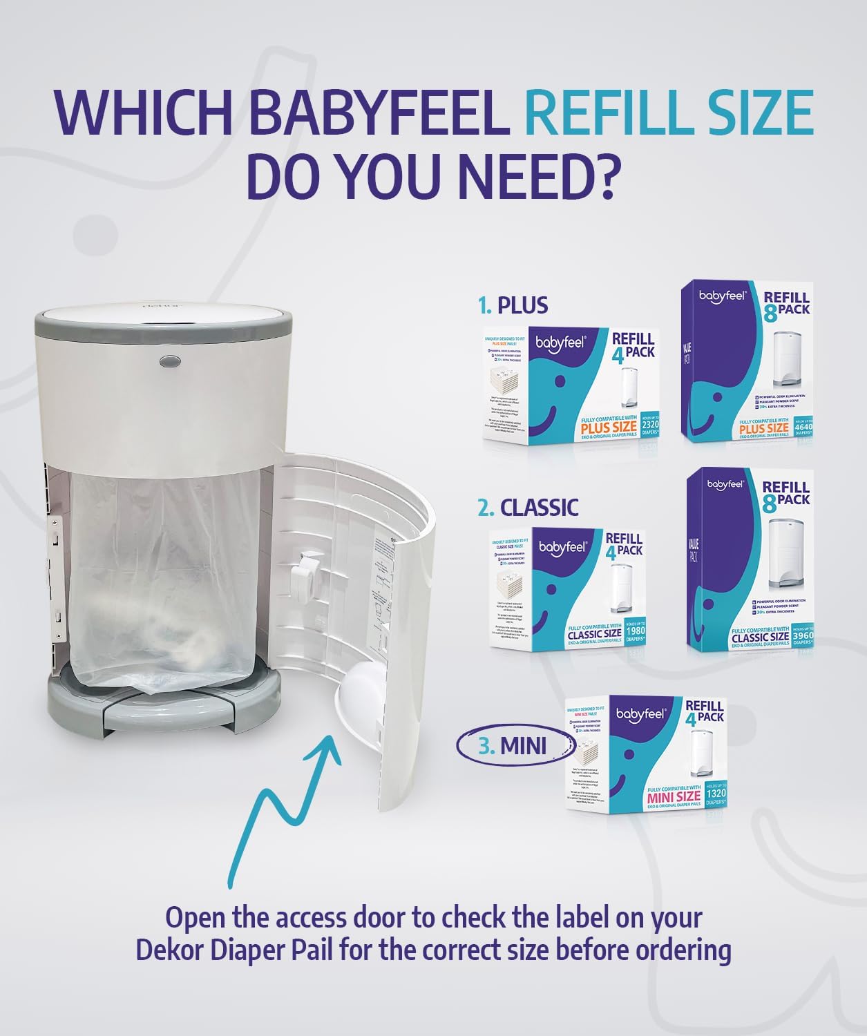 Babyfeel Refills Compatible with DEKOR MINI Diaper Pails | 8 Pack | Exclusive 20% Extra Thickness | Diaper Pail Refills with Powerful Odor Elimination | Powder Scent | Holds up to 2640 Diapers