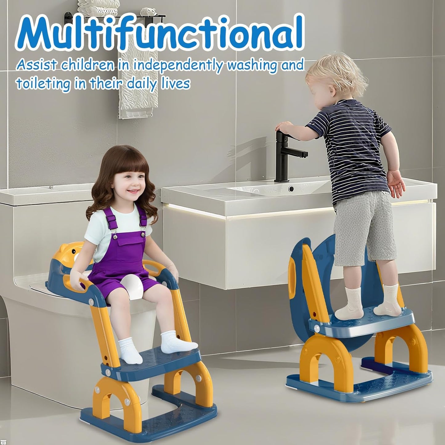 Potty Training Seat with Step Stool for Toddlers - Upgrade 2-in-1 Toilet Seat Toilet Ladder for Kids Children Boys Girls, Anti-Slip Pad & Adjustable Height with Waterproof - Pink