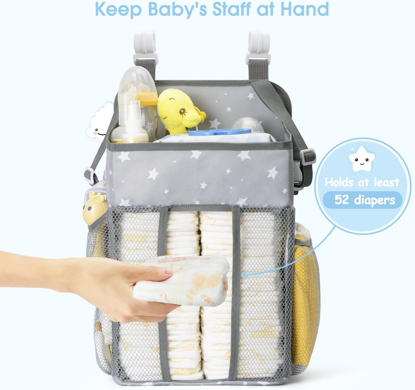 Maliton Changing Table Diaper Organizer - Baby Hanging Diaper Stacker Nursery Caddy Organizer for Cribs Playard Baby Essentials Storage (Gray)