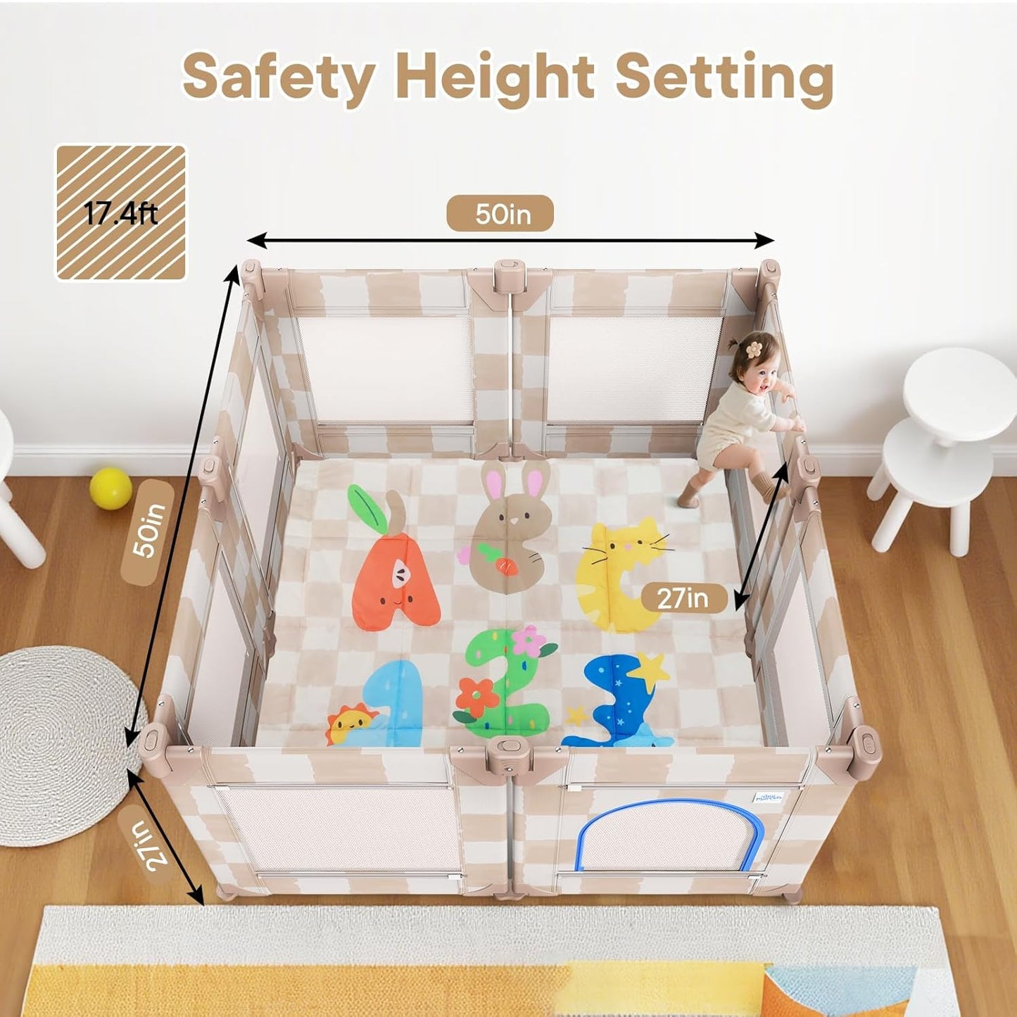 Baby Playpen for Babies and Toddlers, Upgraded 50x50 Inch Foldable No Assembly Required Play Yard with Breathable Mesh, Safe Playard with Gate, Indoor & Outdoor Infants Play Pen (1pc-Sand Checks)