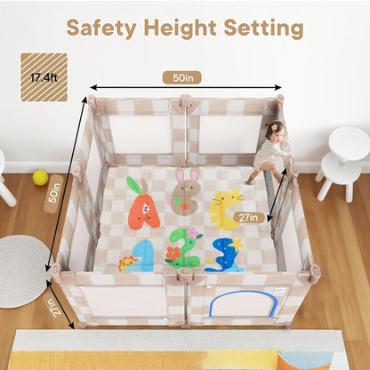 Baby Playpen for Babies and Toddlers, Upgraded 50x50 Inch Foldable No Assembly Required Play Yard with Breathable Mesh, Safe Playard with Gate, Indoor & Outdoor Infants Play Pen (1pc-Sand Checks)