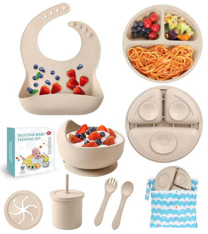 Silicone Baby Feeding Set, 10 Pcs Baby Led Weaning Supplies Baby Eating Essentials Set with Suction Bowl Divided Plate Adjustable Bib Soft Spoon Fork Cup with Lid Drinking Cup, Travel Bag (Blue)
