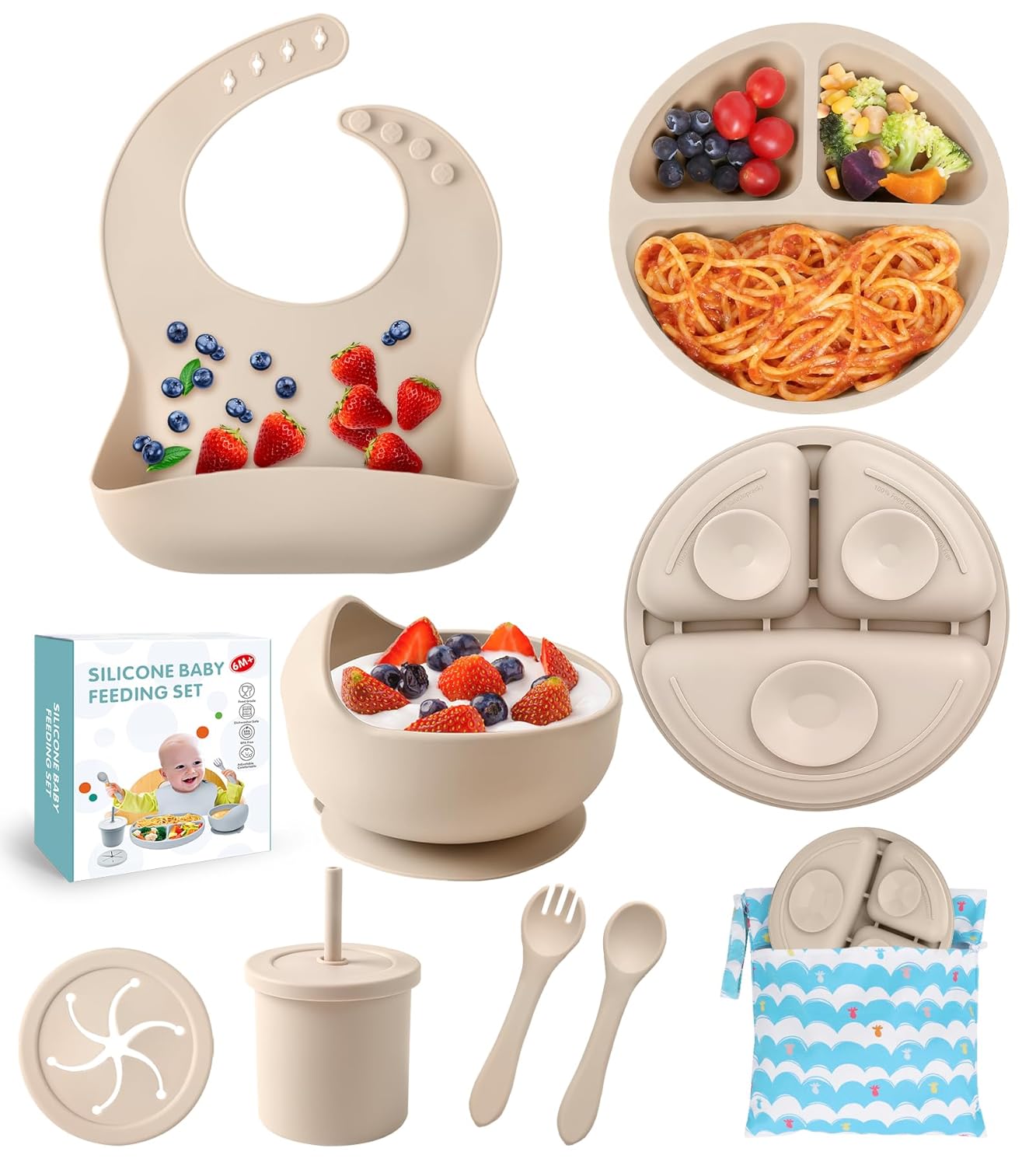 Silicone Baby Feeding Set, 10 Pcs Baby Led Weaning Supplies Baby Eating Essentials Set with Suction Bowl Divided Plate Adjustable Bib Soft Spoon Fork Cup with Lid Drinking Cup, Travel Bag (Blue)