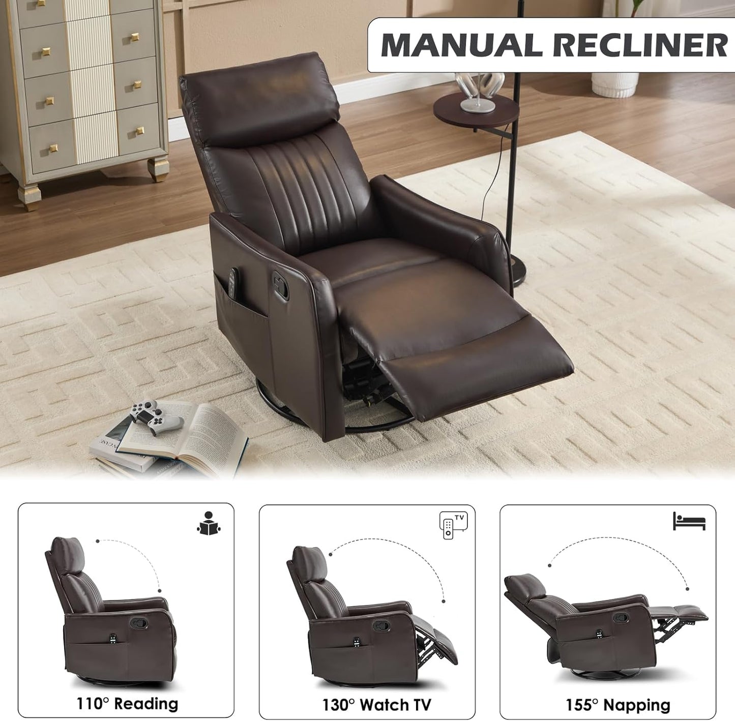 Trustyue Swivel Rocker Recliner Chair, 360° Swivel Recliner with Heat and Massage, Rocker Recliner Nursery Glider Chair with Side Pockets for Living Room (Beige, Fabric)
