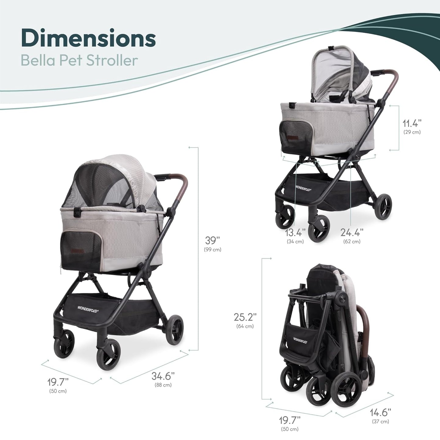 WonderFold Bella Pet Stroller - Autofold Design with Lightweight Aluminum Frame, Breathable Carriage Fabrics and Canopy, Safety Tethers & Easy-Clean Interior - Graphite Black