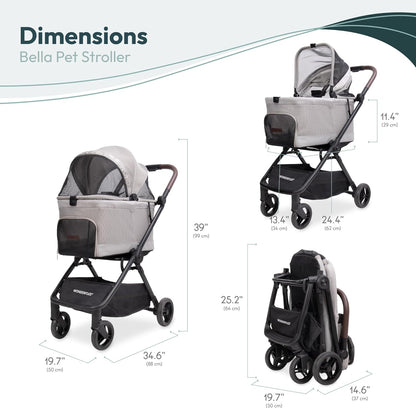 WonderFold Bella Pet Stroller - Autofold Design with Lightweight Aluminum Frame, Breathable Carriage Fabrics and Canopy, Safety Tethers & Easy-Clean Interior - Graphite Black