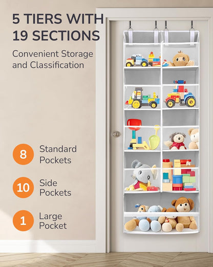 ULG 1 Pack Over Door Organizer with 5 Large and 10 Mesh Side Pockets, 44 lbs Weight Capacity Hanging Storage with Clear Window Kids Toys, Shoes, Diapers, Dark Grey, 5 Layers
