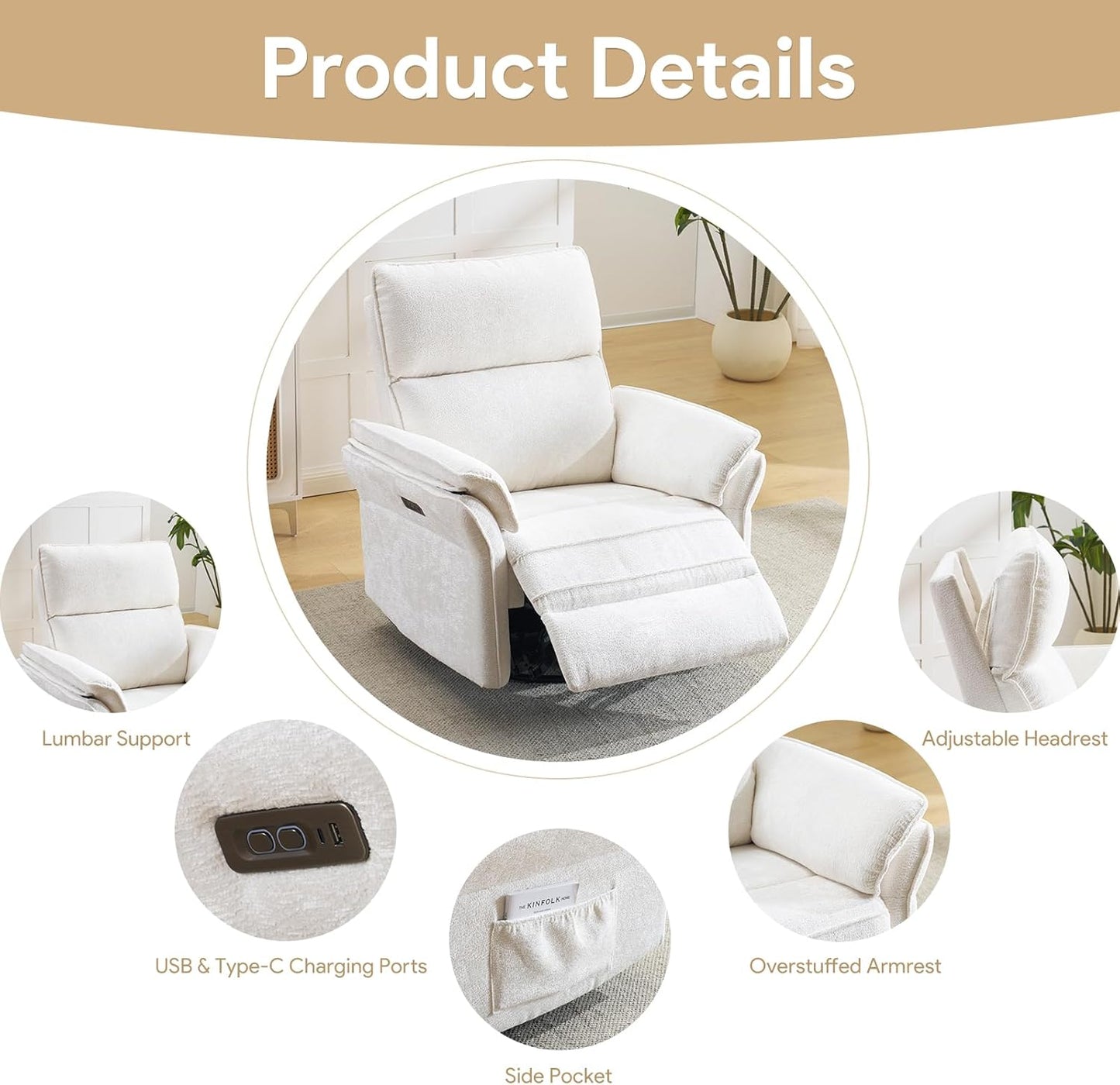 Oversized Swivel Rocker Recliner with Adjustable Headrest, Rocking Chair Nursery with Overstuffed Armrest, Manual Rocker Recliner Nursery Chair for Living Room, White