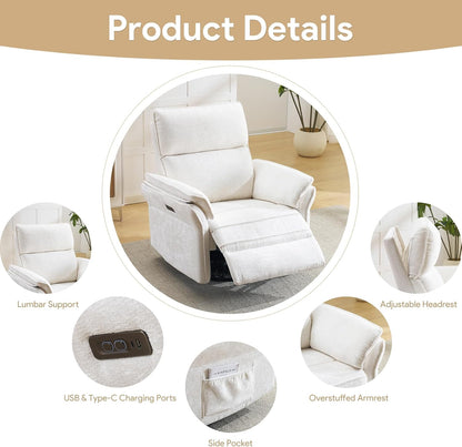 Oversized Swivel Rocker Recliner with Adjustable Headrest, Rocking Chair Nursery with Overstuffed Armrest, Manual Rocker Recliner Nursery Chair for Living Room, White