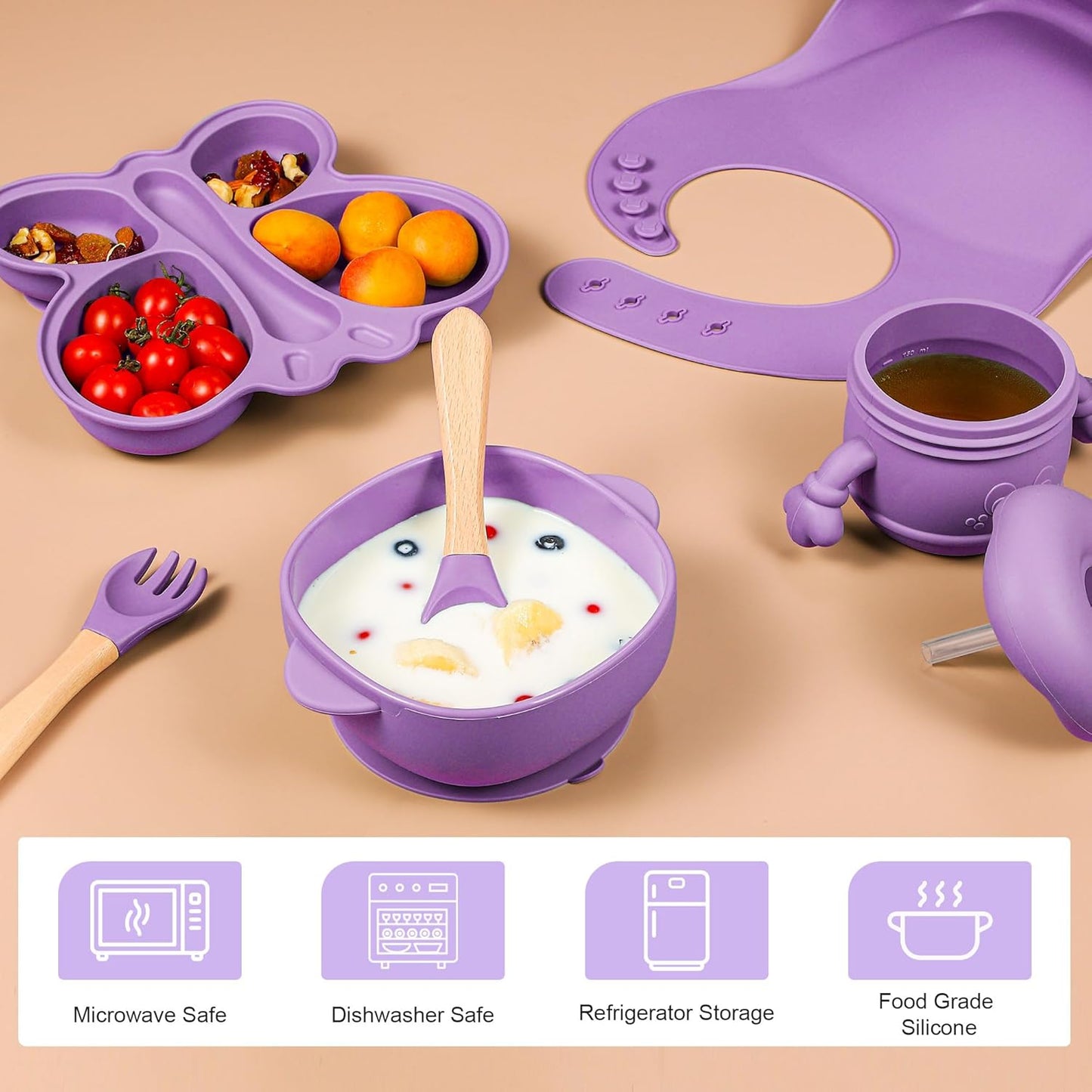 Silicone Baby Feeding Set, Baby Led Weaning Supplies, Baby Food Tableware Silicone Suction Plate, Bowl, Spoons, Fork, Waterproof Bib, Cup & Complementary Food Cake Mold, Baby Eating Utensils