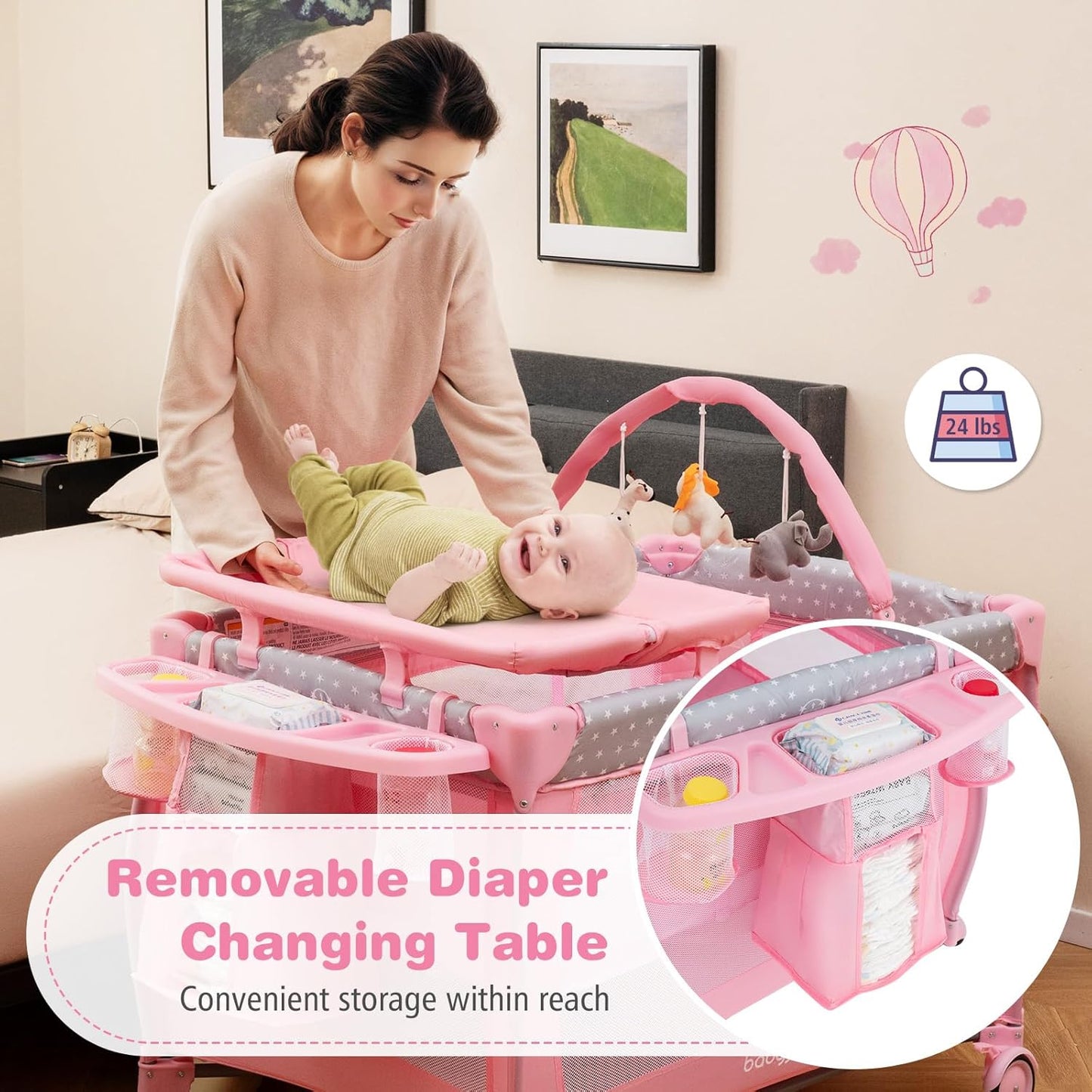 BABY JOY 3 in 1 Portable Pack and Play with Bassinet, Convertible Baby Travel Crib Playard with Changing Table, Brake Wheel, Newborn Napper with Large Capacity Storage Shelf, Oxford Carry Bag