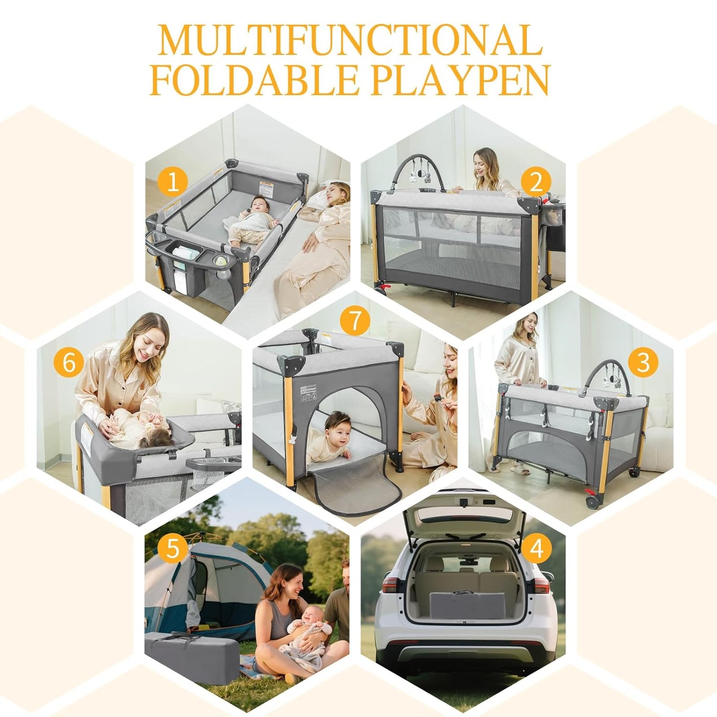 Baby Bassinet Bedside Crib with One-Hand Setup 5-in-1 Foldable Pack n Play for Travel, Portable Baby Bassinet with Diaper Changer & Adjustable Mattress for Newborn to Toddler (Grey)