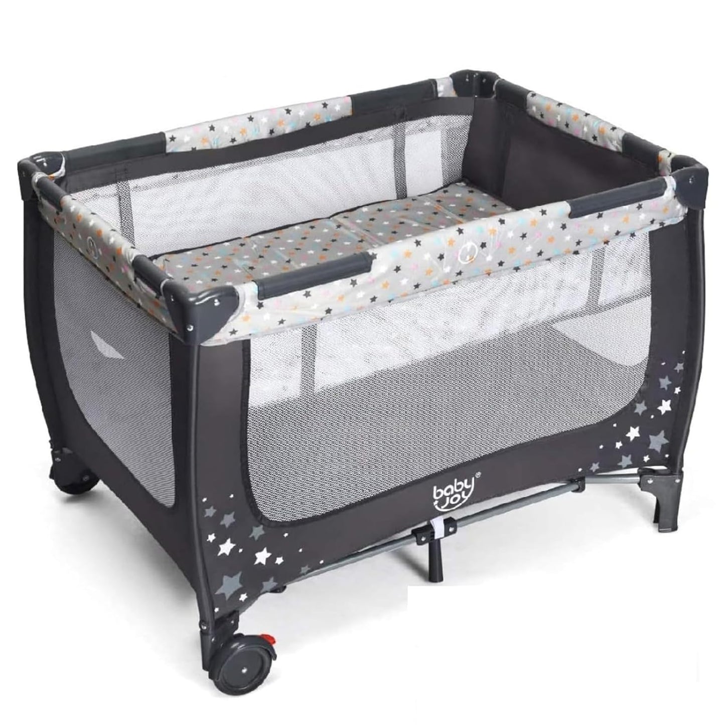 BABY JOY 3 in 1 Pack and Play, Portable Baby Playard with Bassinet, Changing Table, Lockable Wheels, Glowing Music Box, Travel Baby Crib Bassinet Bed from Newborn to Toddler