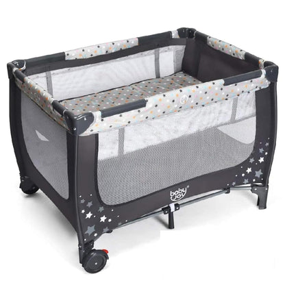 BABY JOY 3 in 1 Pack and Play, Portable Baby Playard with Bassinet, Changing Table, Lockable Wheels, Glowing Music Box, Travel Baby Crib Bassinet Bed from Newborn to Toddler