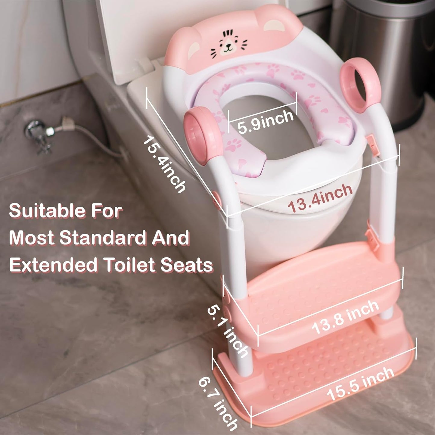 Potty Training Seat, Cute Tiger Design Elements, Foldable Toilet Seat with Soft Cushion, Suitable for Both Boys and Girls, with Splash Guard Anti-Slip Pad Step Stool(Pink)