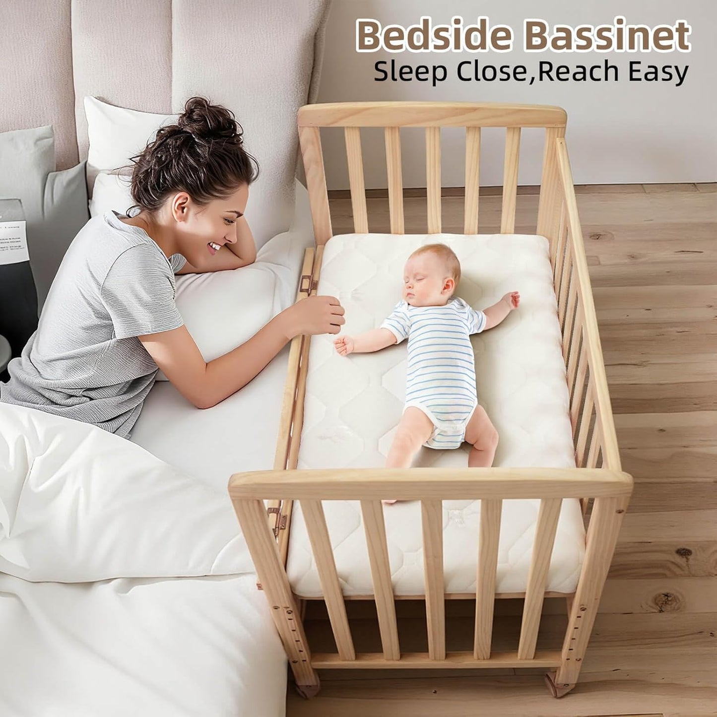 Flwrgirl Baby Bassinets Bedside Sleeper - Portable Pine Wood Bedside Bassinet with Mattress,3 Heights Small Mini Crib,Baby Crib for Newborns,Unpainted | Pine Wood Bassinet, Mattress Included, 3-IN-1 Convertible, Adjustable Height, Locking Wheels, Portalbe