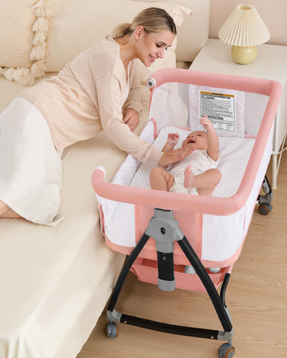 Bedside Bassinet for Baby, 3 in 1 Breathable Mesh Baby Bassinet, 6 Height Adjustable, Easy to Assemble, Bassinet Bedside Sleeper with Wheels, Mosquito Net, Storage Basket, Bassinets for Newborn Baby | Multi-functional