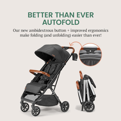 Bombi Bēbee V2 Lightweight Baby Stroller - Premium Vegan Leather, One-Hand Fold, Infinite Recline, Aircraft-Grade Aluminum Frame, XXL Canopy, and Ample Storage Umbrella Stroller - Sand