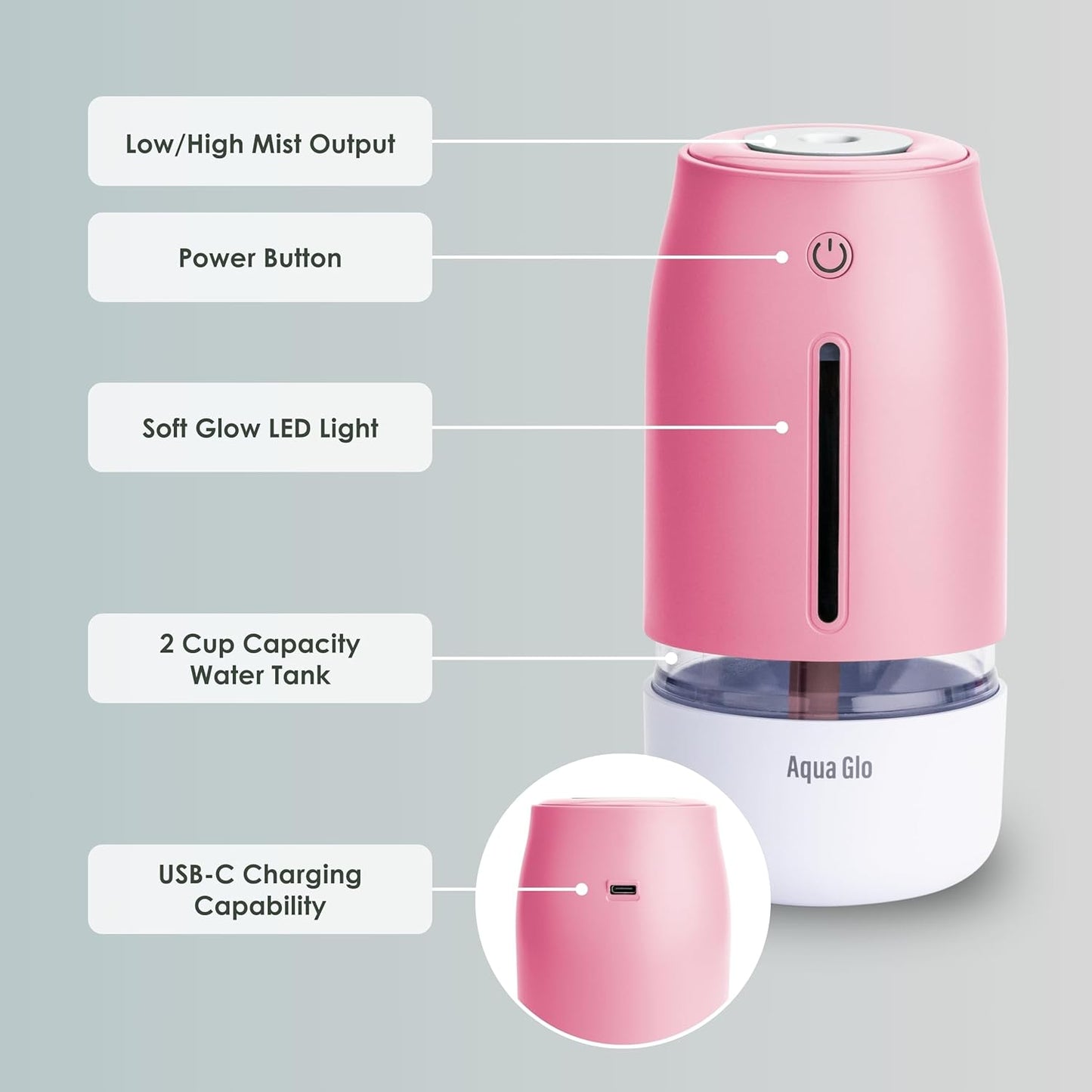 Aqua Glo Personal, Portable Humidifiers for Bedroom – Ultrasonic Cool Mist Humidifier with Built In Rechargeable Battery. Air Humidifier for Baby, Plants, Home, Office, Travel. Lavender