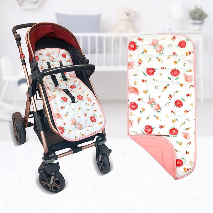 Baby Stroller Cushion,Infant Car Seat Insert-Reversible Universal Breathable and Soft Newborn seat Liner for Stroller,100% Cotton Seat Pad Liner for Newborns-34x78cm,1 Pack(Flowers+Pink)