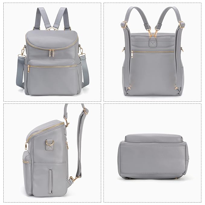 Minsong Diaper Bag Backpack,Fashion Leather Mommy Backpacks,Travel Toddler Baby Diaper Bags with in Bag Organizer and Changing Pad (Dark Grey)